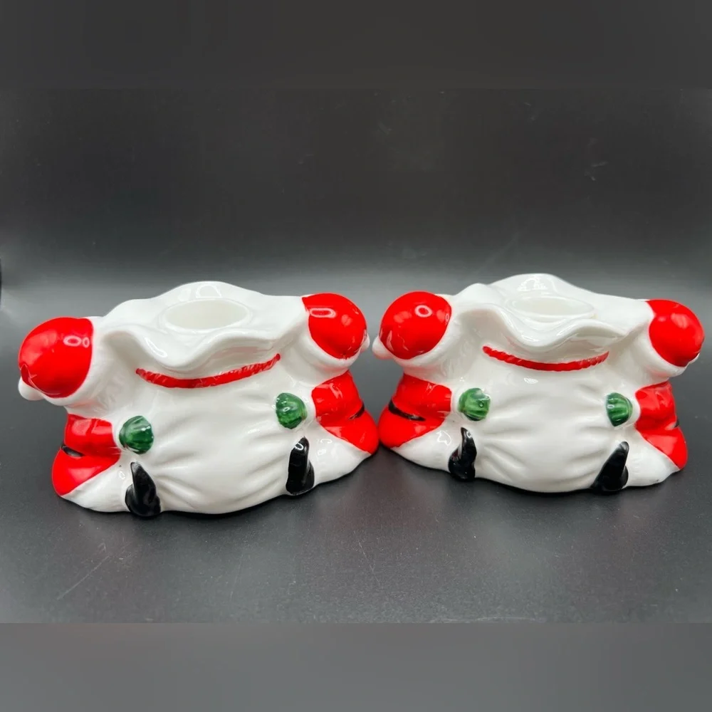 Vintage Ceramic Santas w/ Toy Bag Candleholder Pair Made in Taiwan Bone China